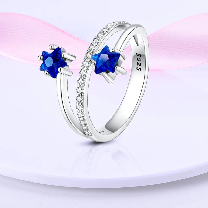 925 Sterling Silver Rings Original Design Blue Zircon Star Moon Finger Rings For Women High Quality Wedding Jewelry Gift