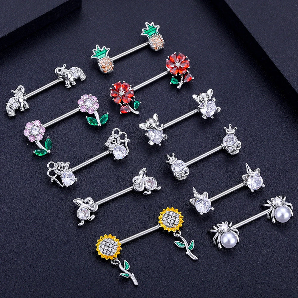 1 Pair New Stainless Steel Unicorn Nipple Rings Spider Mouse Sunflower Skull Shape Women Crystal Nipple Piercing Barbell Jewelry