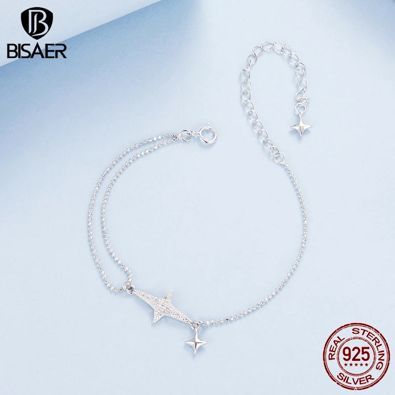 BISAER 925 Sterling Silver Starlight Bracelet Adjustable Charm Star Zircon Chain Plated White Gold for Women Party Fine Jewelry