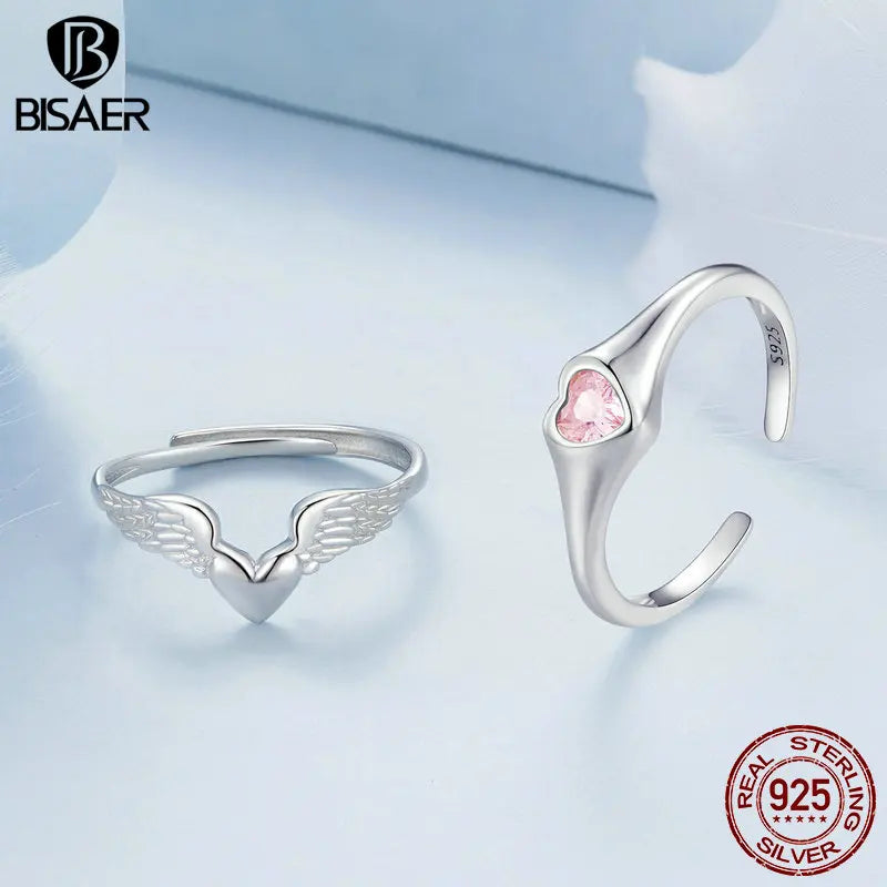 BISAER 925 Sterling Silver Pink Heart Angel Wing Open Ring Size 5-9 Eternity Band Plated Platinum for Women Party Fine Jewelry