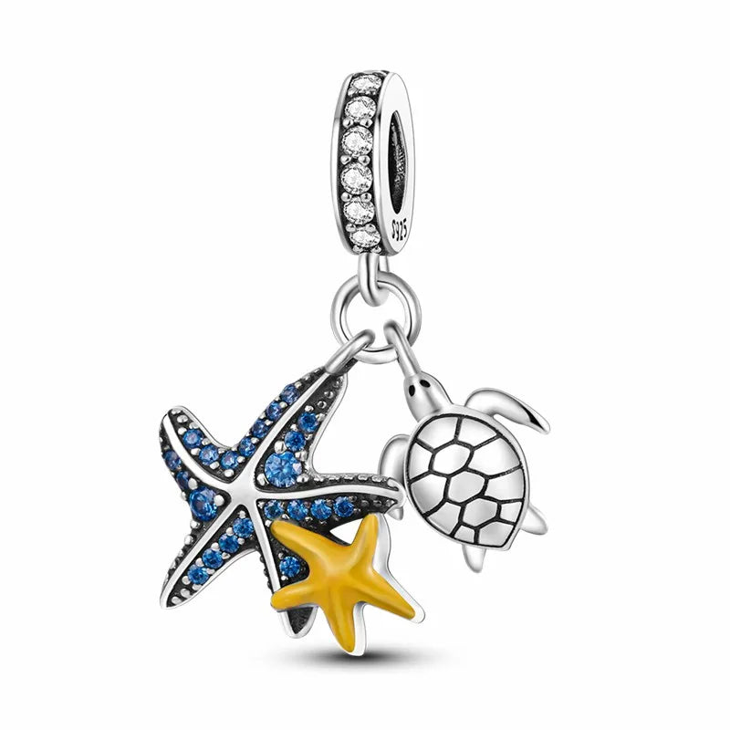 New 925 Sterling Silver Shell Sea Star Turtle Ocean Series Pendant Fit Original Pandora Bracelet Snake Chain Beaded Women Gift