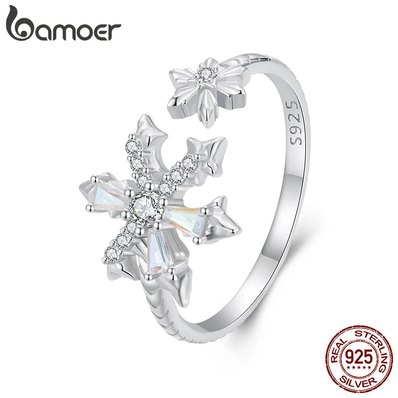 Bague réglable en argent sterling 925 BAMOER en forme de flocon de neige, plaquée or blanc, bijoux délicats et élégants