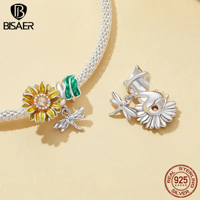 BISAER 925 Sterling Silver Sunflower Charm Bead Flower Pendant Dragonfly Safety Chain Plated Platinum Fit Elegant Women Bracelet