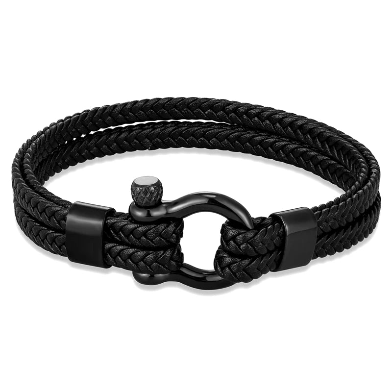 Men Multilayer Woven Leather Bracelet Fashion Stainless Steel Horseshoe Shackle Buckle with Screw Bracelet Jewelry for Women