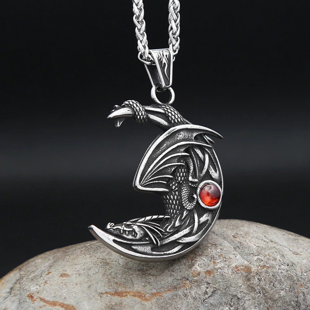 New Vintage Sleeping Dragon On Moon Pendant For Men Women Stainless Steel Natural Stones Necklace Fashion Party Jewelry Gifts