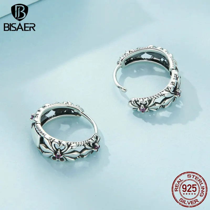 BISAER 925 Sterling Silver Vintage Iris Ear Buckles for Lucky Women Purple Zircon Flower Hoop Earrings Original Fine Jewelry