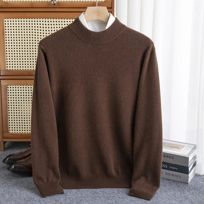 New Fashion Men's 100% Wool Pullover Half-high Collar Sweater Autumn Winter Warm Solid Color Knit Sweater Business Casual Top