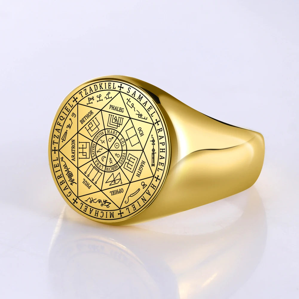 Dreamtimes Seal of The Seven Archangels Viking Ring Solomon Kabbalah Talisman Hexagram Rings for Men Stainless Steel Jewelry