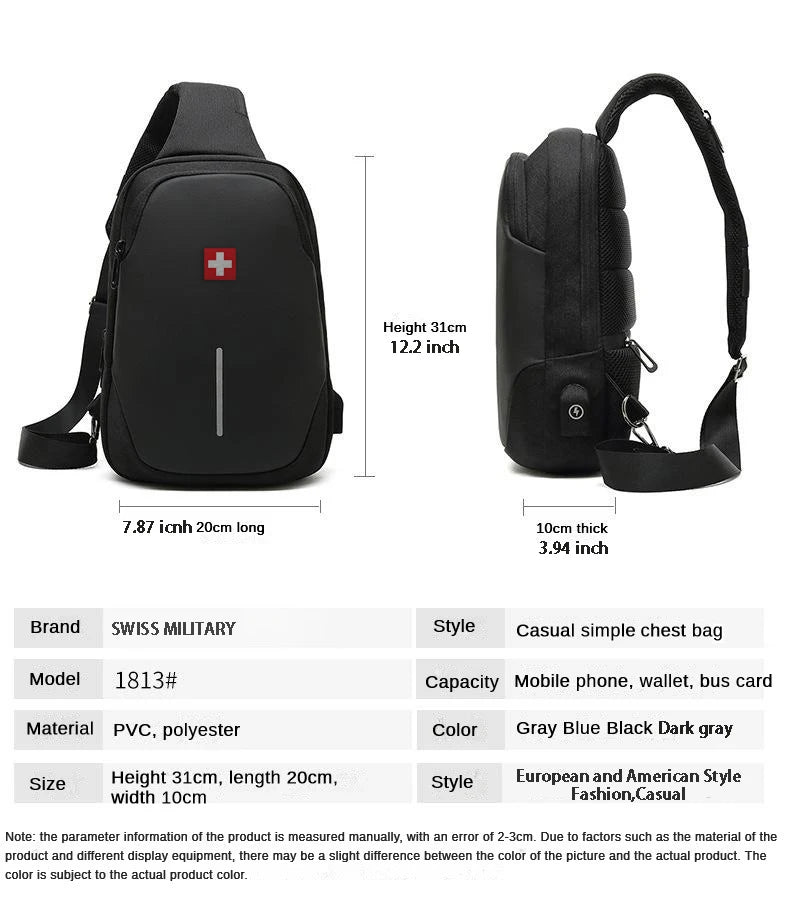 SWISS MILITARY Fashion Chest Bag Solid Color Chest Bag Outdoor Casual Fashion Shoulder Crossbody Bag Waterproof anti-theft bag