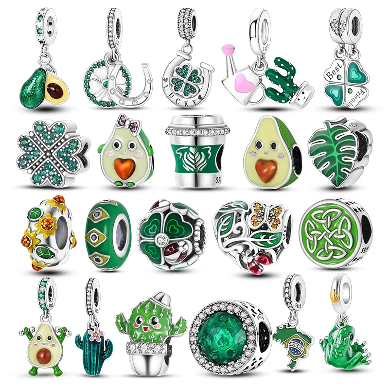 Green Series Avocado Pendant Four-leaf Clover Charms Beads Fit Original Pandora Bracelet Women 925 Sterling Silver Jewelry