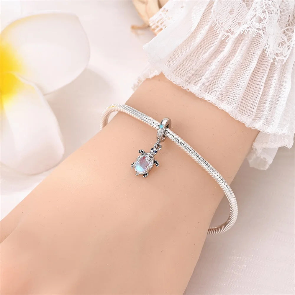 Cute 925 Sterling Silver Illusion Glass Blue Sea Turtle Charm Fit Bracelet Children's Birthday Creative Jewelry Gift