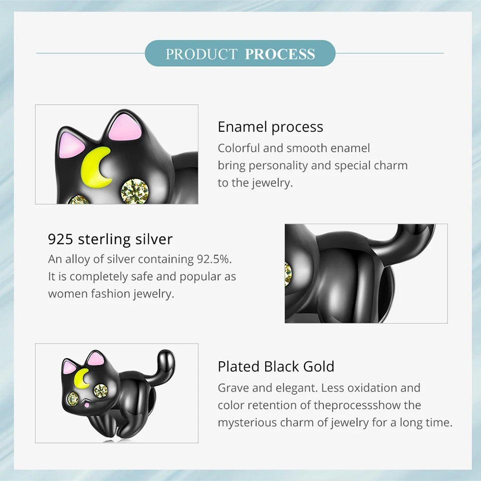 BISAER 925 Sterling Silver Vintage Moon&Cat Charm Plated Black Gold Pendants Bead Fit Halloween Party DIY Bracelet Jewelry