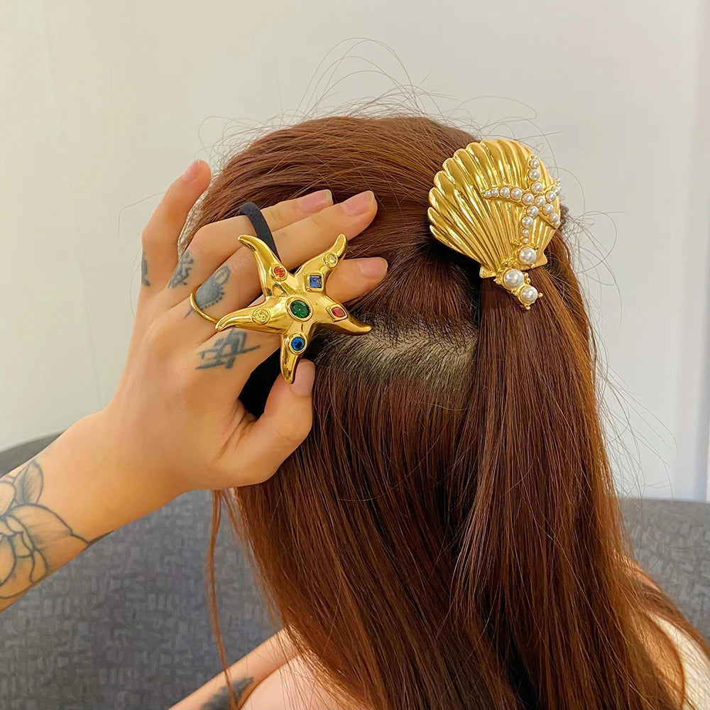 Accesorios para el cabello con múltiples estilos, resistentes al agua, chapados en oro de 18 quilates, con forma de U, con forma de estrella de mar, brazalete de poni, regalo de joyería