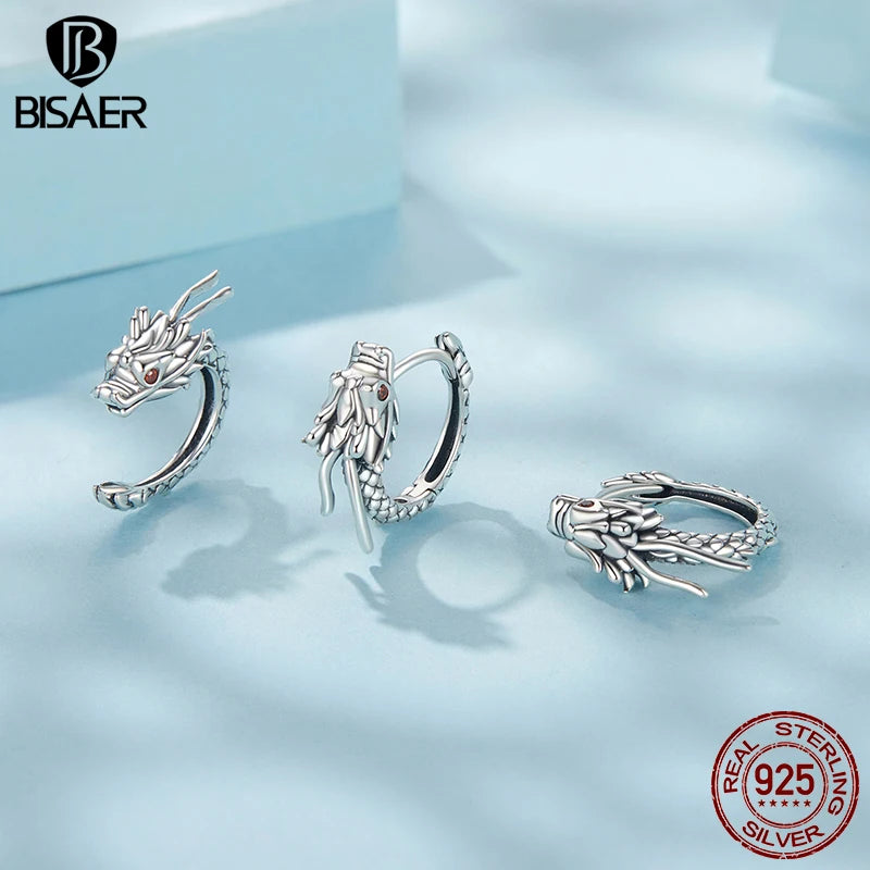 BISAER 925 Sterling Silver Retro Dragon Hoop Earrings Classic Hypoallergenic  Ear ClipFor Women Party Original Fine Jewelry Gift