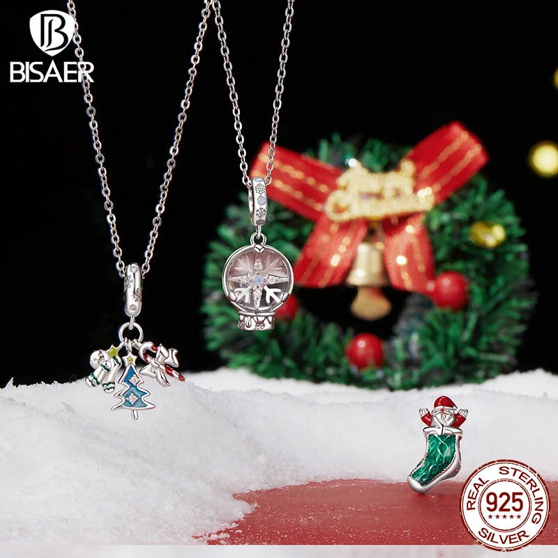 BISAER 925 Sterling Silver Christmas Tree House Charm Bead Bell Snowman Pendant Fit DIY Bracelet Jewelry Festive Christmas Gift