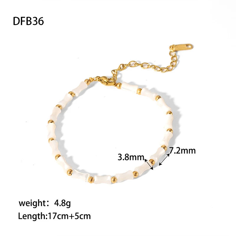 Natural Sea Shell Bamboo Beads 18K Gold Plated Stainless Steel Beads Waterproof Bracelet Necklace for Women Hand Made Jewelry