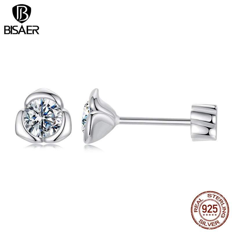 BISAER 925 Sterling Silver Moissanite Rose Stud Earrings Blooming Flowers Stud Ear For Women Engagement Wedding Fine Jewelry