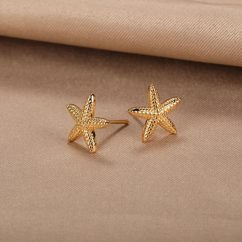 Vintage Summer Starfish Stainless Steel Stud Earrings For Women Simple Star Shell Earrings Stud Ocean Party Jewelry Gift 2024