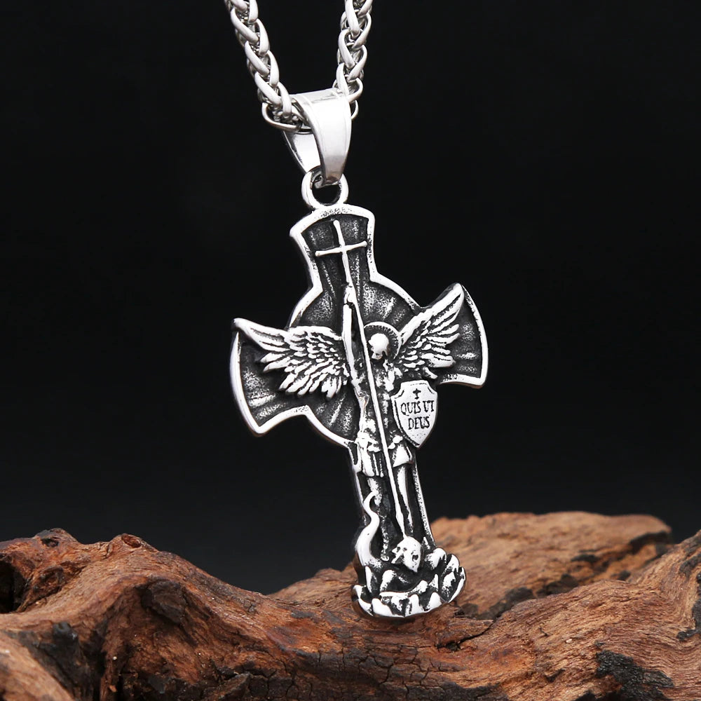 New Vintage St. Michael Archangel Pendant Necklace Stainless Steel Angel Wings Cross Necklaces For Men Women Religious Jewelry