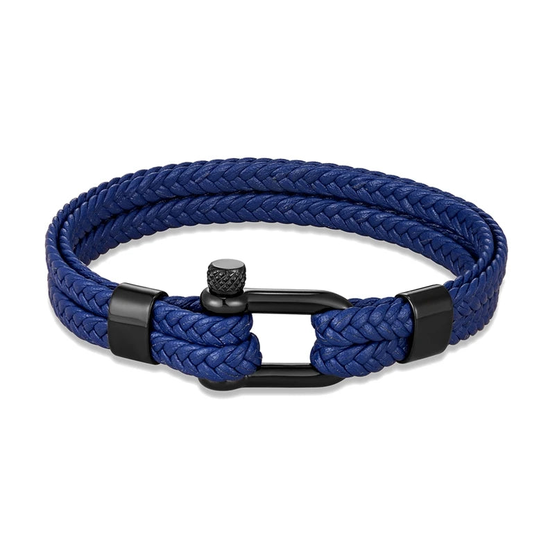 MKENDN Men Women Black Stainless Steel U-Shape Shackle Woven Multilayer Leather Bracelet Outdoor Adventure Climbing Surf Gifts