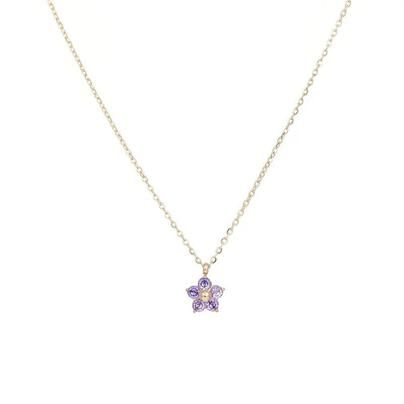 Dainty Waterproof Jewelry Gold Plated Stainless Steel Pink Purple White Cubic Zirconia flower Pendant Necklace for Women Gift