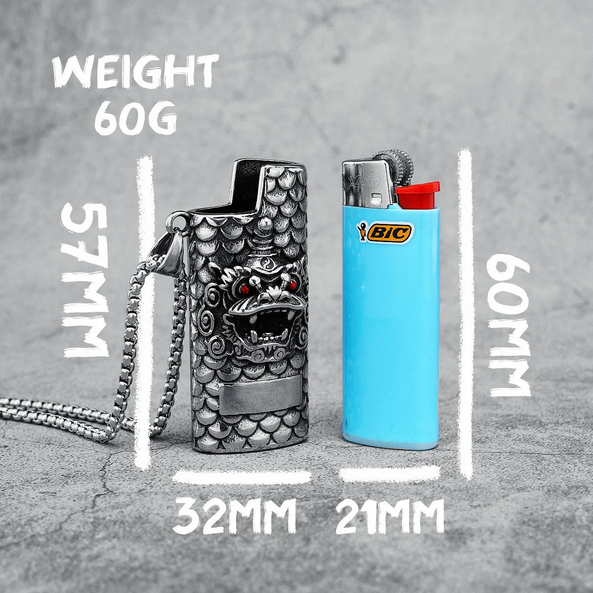 Dragon Lighter Case Necklace Stainless Steel Chinese Mythical Beasts Men Pendant Chain for Friend Biker Rider Jewelry Funky Gift