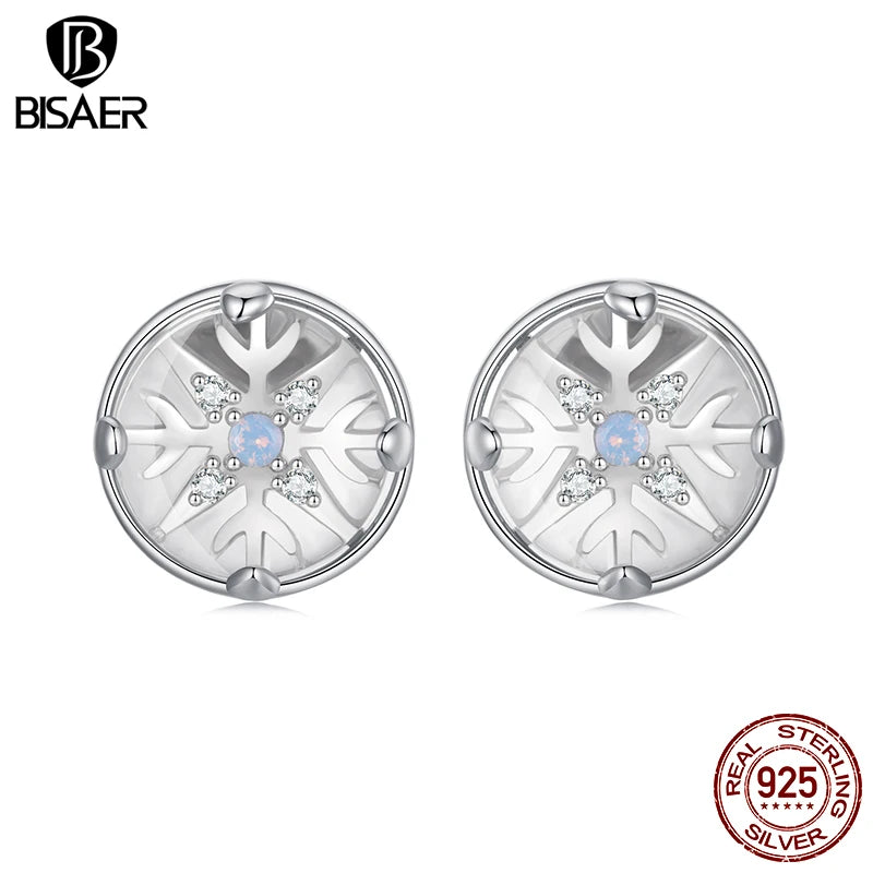 BISAER 925 Sterling Silver Crystal Ball Snowflake Stud Earrings Round Earrings Plated White Gold for Women Party Fine Jewelry