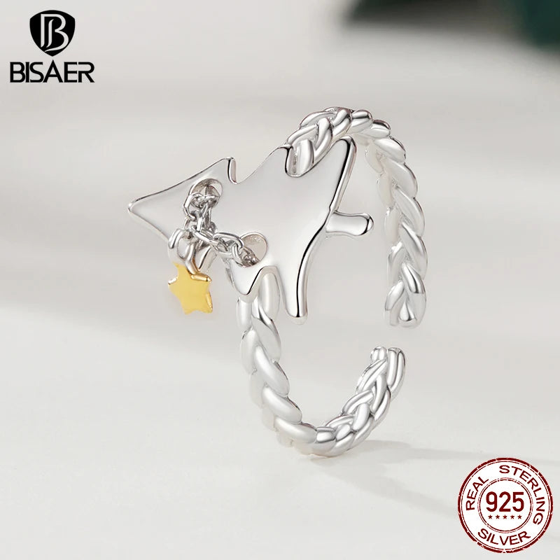 BISAER 925 Sterling Silver Christmas Tree Open Ring Two-color Adjustable Band Plated White Gold for Women Party Fine Jewelry