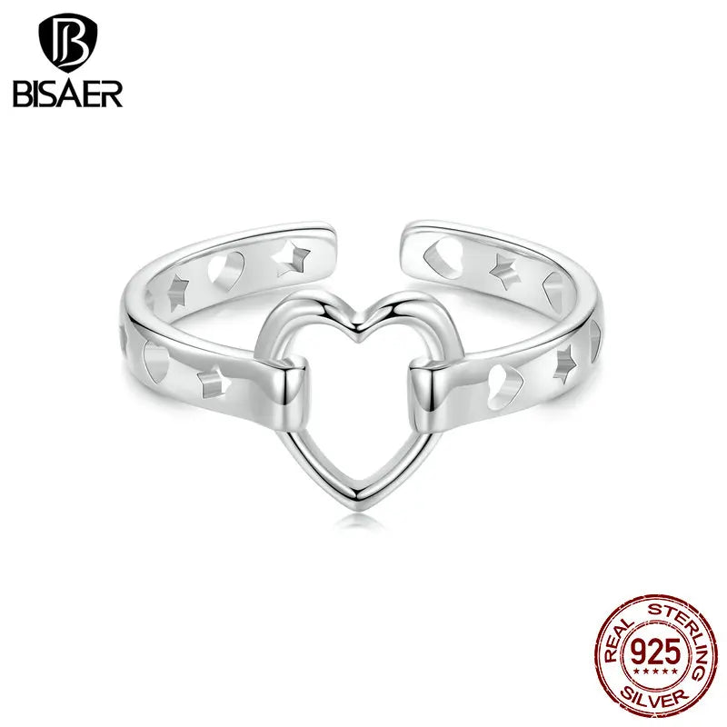 BISAER 925 Sterling Silver Hollow Heart Open Ring Stackable Promise Band Plated White Gold for Couple Anniversary Fine Jewelry