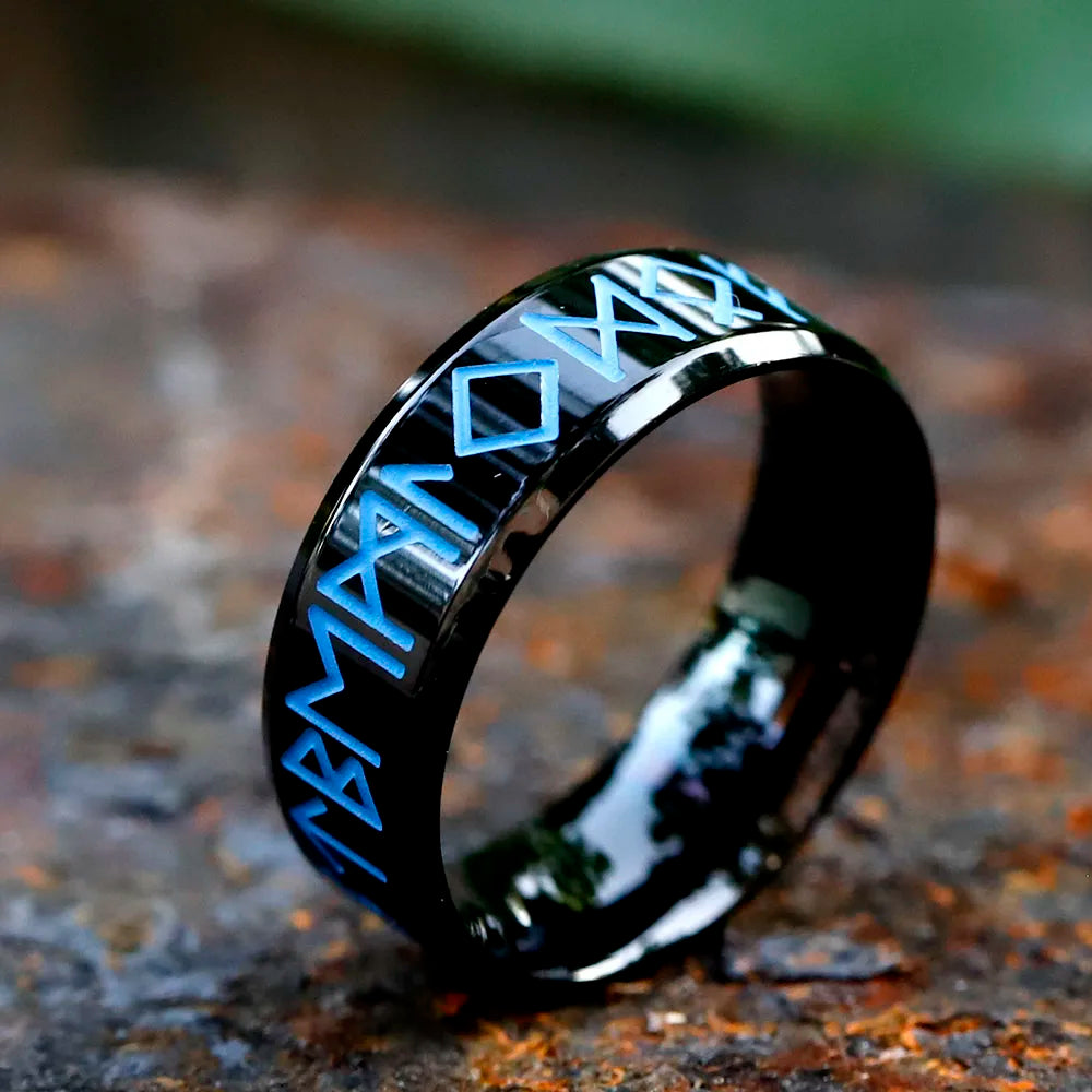 2023 New 316L Stainless Steel Viking Blue rune letters  Ring For Men Fashion retro Amulet fashion Jewelry Gift free shipping