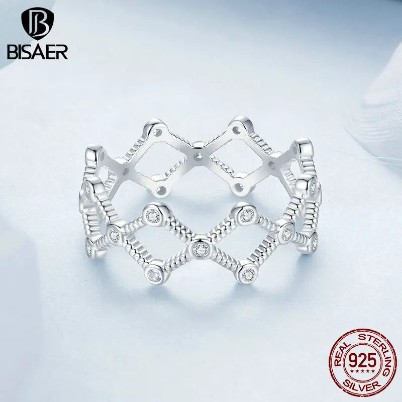 BISAER 925 Sterling Silver Rhythm Statement Ring Sparkling Zircon Band Plated White Gold for Woman Party Weedding Fine Jewelry