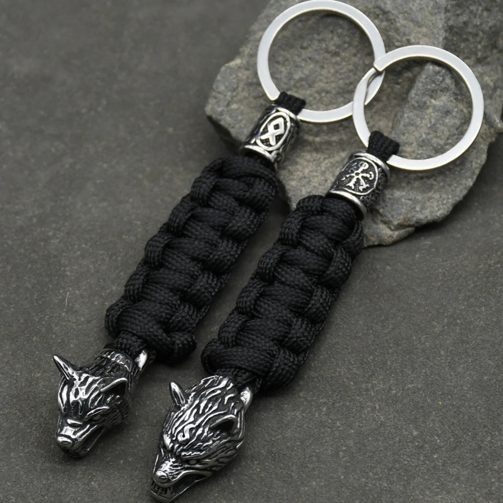 1Pcs Men's  Stainless Steel Viking Wolf Head Keychain Knife Pendant Valknut Runes Beads Paracord Keyring Handmade Jewelry