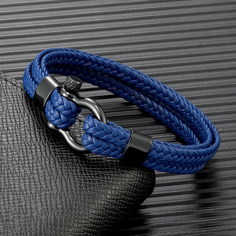 Men Multilayer Woven Leather Bracelet Fashion Stainless Steel Horseshoe Shackle Buckle with Screw Bracelet Jewelry for Women