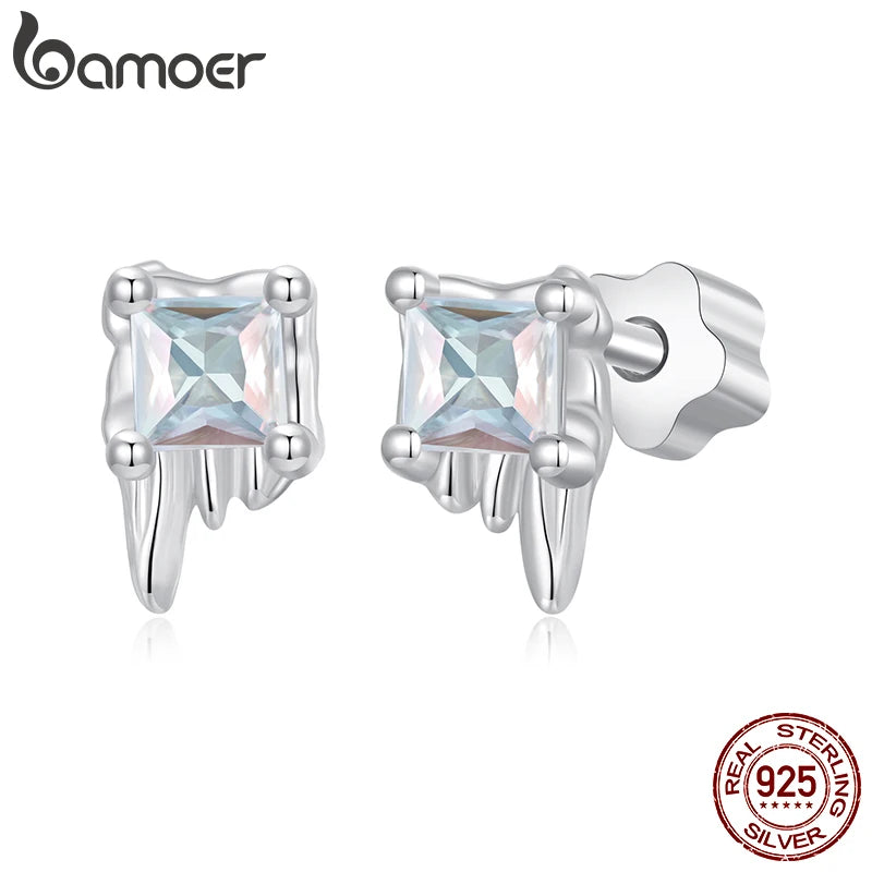 Boucles d'oreilles en forme de glaçon en argent sterling 925 BAMOER, boucles d'oreilles à tige scintillantes en forme de glaçon d'hiver en zircon cubique, cadeaux de Noël pour femmes BSE1133