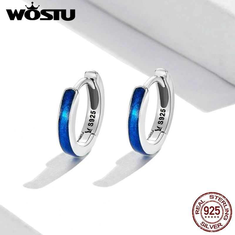 WOSTU 925 Sterling Silver European Simple Titanic Ocean Blue Hoop Earrings For Women s925 Small Ear buckles Girl Jewelry Gift