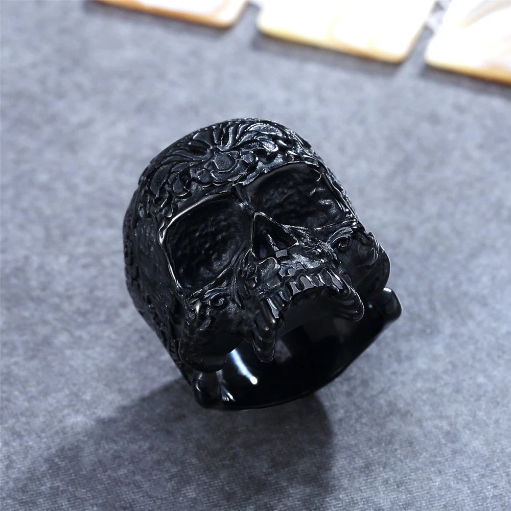 Gothic Flower Stamp Skull Ring For Men Punk 316l Stainless Steel Skull Ring Men And Women Devil Skull Biker Ring Wholesale