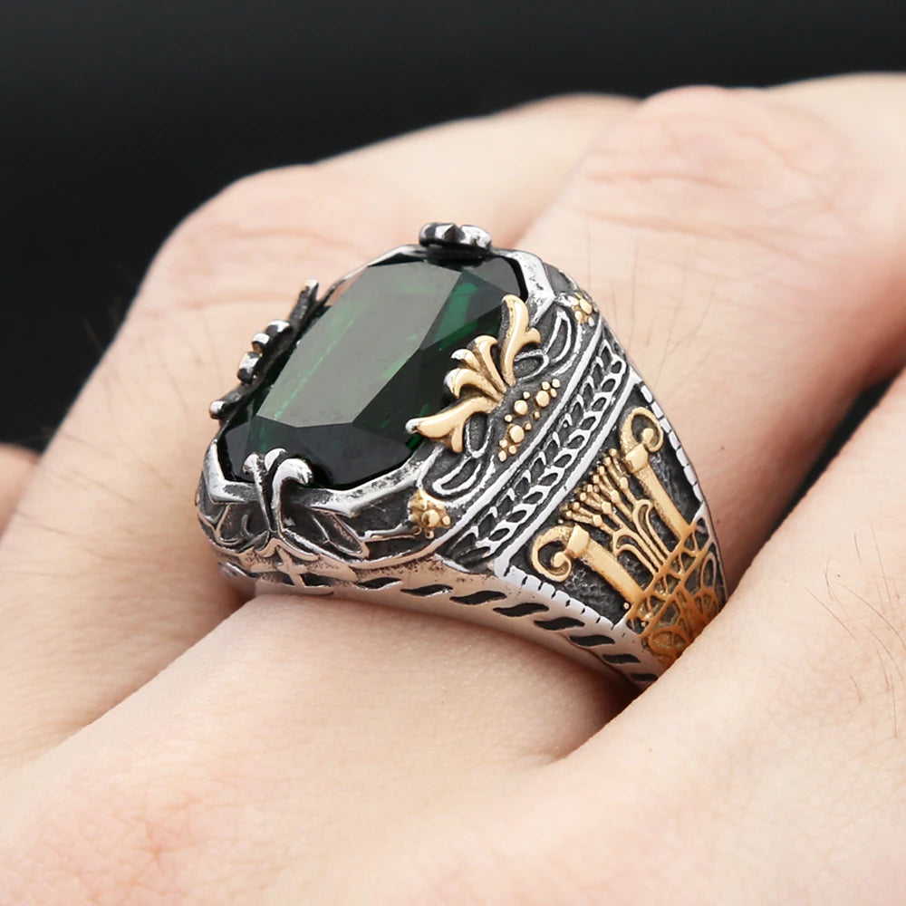 New Punk 316L Stainless Steel Turkish Signet Rings For Men Women Fashion Hip Hop Green Stone Ring Party Luxury Jewelry Wholesale