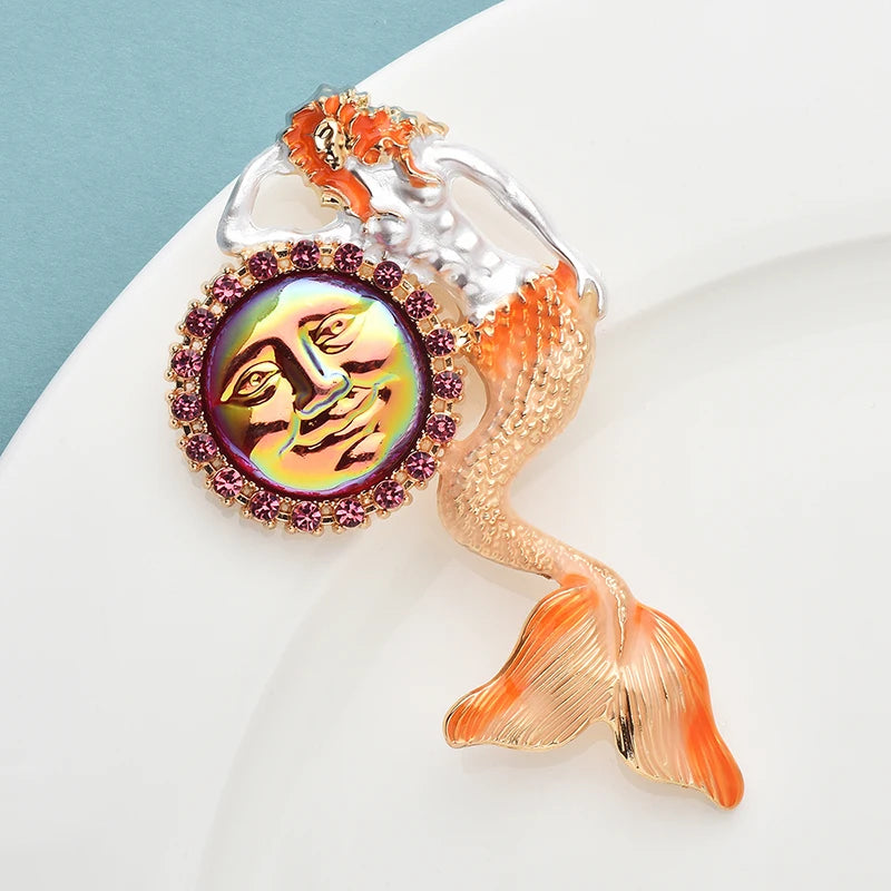 Wuli&baby Smile Face Mermaid Brooches For Women Beautiful Sun And Fish Brooch Pins Gifts