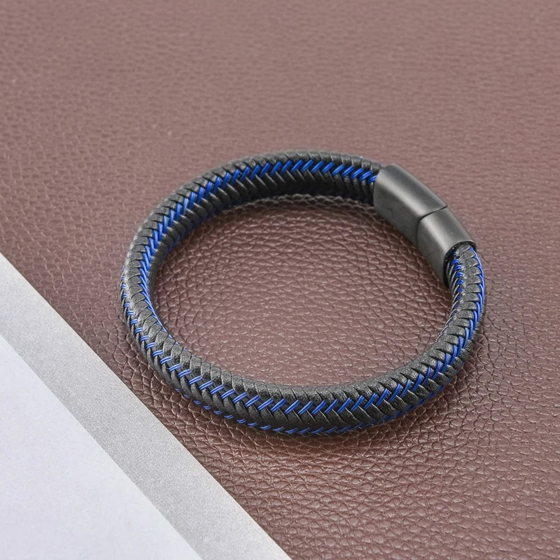 MKENDN Trendy Men Blue Braided Leather Rope Bracelet Black Magnetic Buckle Bracelets Punk Rock Men Wristband Pulsera Hombre