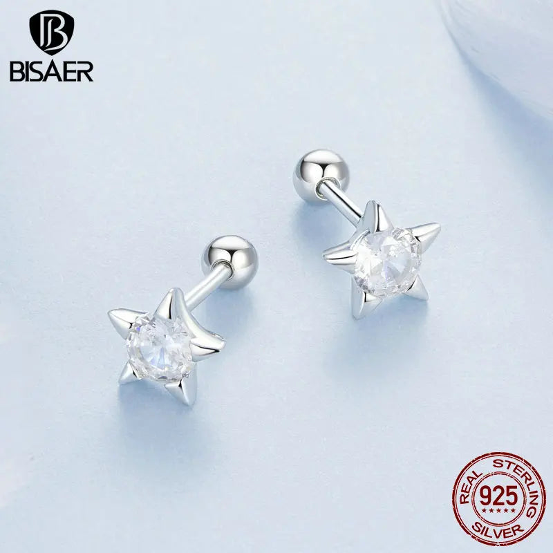 BISAER 925 Sterling Silver Mini Starlight Stud Earrings Sparkling Zircon Ear Clip Plated White Gold For Women Party Fine Jewelry