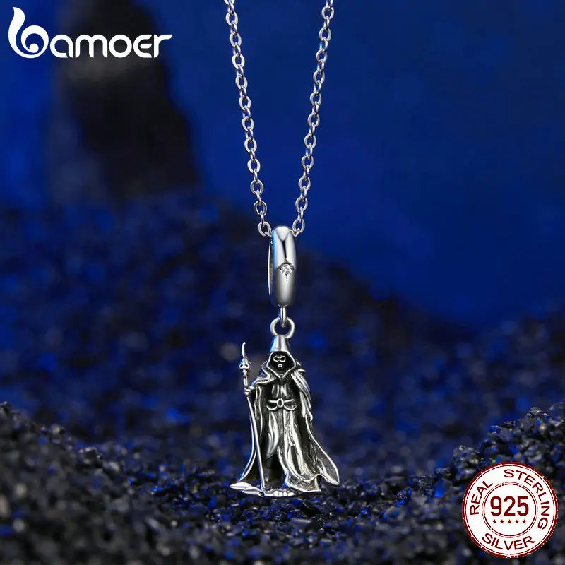 BAMOER Solid 925 Sterling Silver Wand-wielding Grim Reaper Pendant fit Original Bracelet & Necklaces Halloween Jewelry DIY