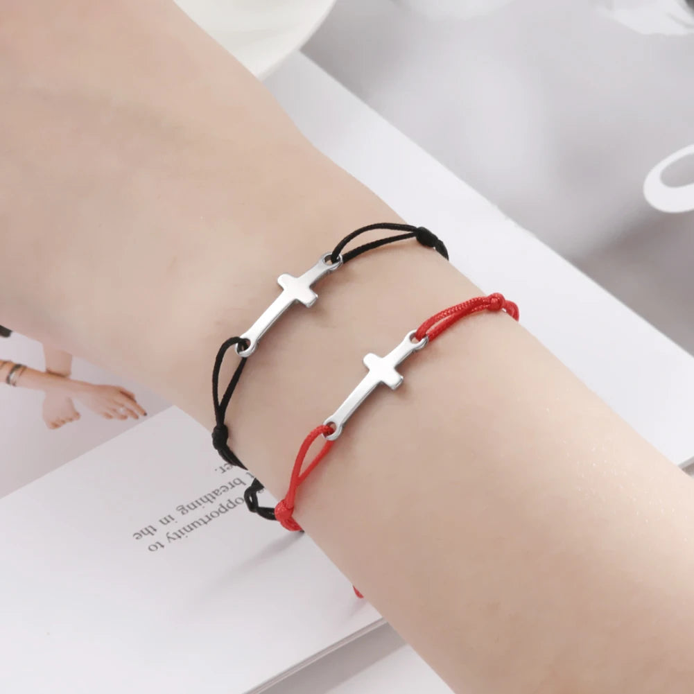 Dreamtimes Stainless Steel Bracelet Cross Hand Braided Lucky Black Red Rope Fashion Beads Pendant Ladies Jewelry Gift