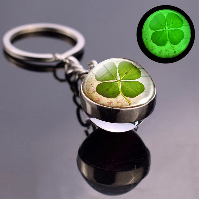 Glowing Clover Keychain Four Leaf Clover Luminous Glass Ball Key Chain Keyring Lucky Jewelry St Patricks Day Gifts Irish Pendant