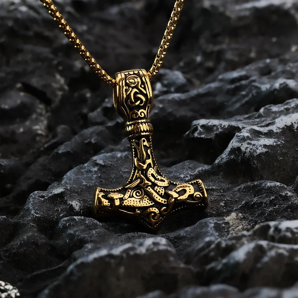 European and American style Golden Thor Hammer Fashion Viking Pirate Titanium Steel Men's Pendant Necklace Jewelry