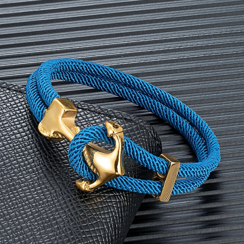 MKENDN Anchor Bracelets Men Women Double strand Nautical Surfer Waterproof Rope Bracelet Women Gold Plated Stainless Steel Hook