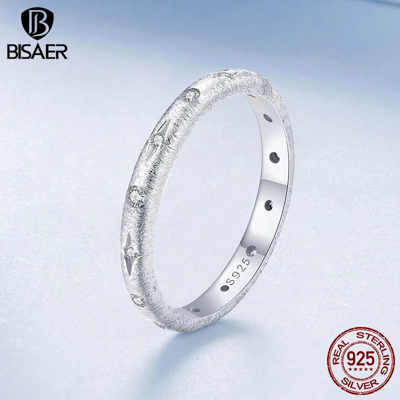 BISAER 925 Sterling Silver Sparkling Star Ring Starry Finger Band Plated White Gold for Women Wedding Party Fine Jewelry EFR617