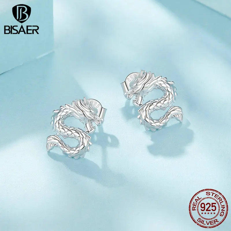 BISAER 925 Sterling Silver Phoenix Stud Flying Dragon Hypoallergenic Earrings Plated White Gold for Women Party Fine Jewelry