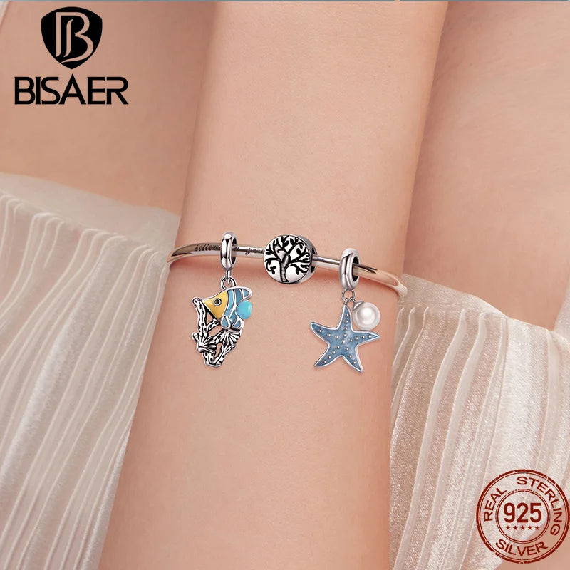 BISAER Colgante de plata de ley 925 con forma de estrella, cola de sirena, estrella de mar, corazón, abalorios de peces tropicales, apto para pulsera de mujer, joyería fina