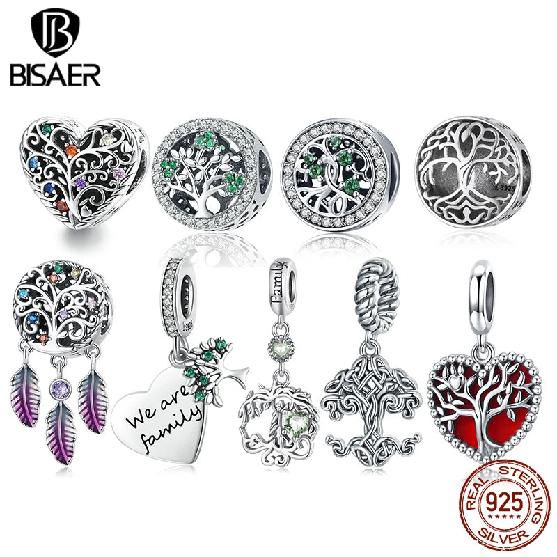 BISAER Real 925 Sterling Silver life Tree Charm Bead Heart-shaped Pendant Fit Women DIY Bracelet Necklace Fine Jewelry ECC2104