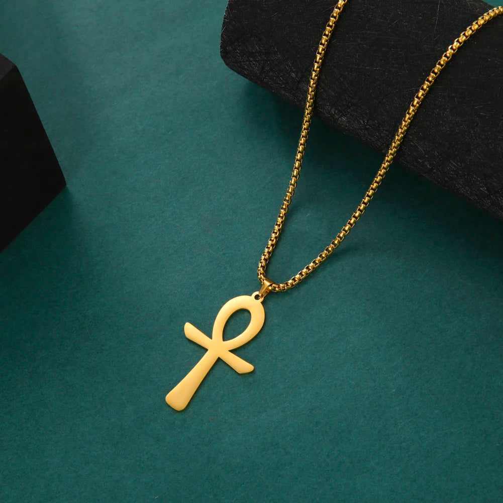 Dreamtimes Simple Classic Cross Stainless Steel Necklace Egyptian Ankh Life Symbol Antique Pendant Long Chain Necklaces Jewelry